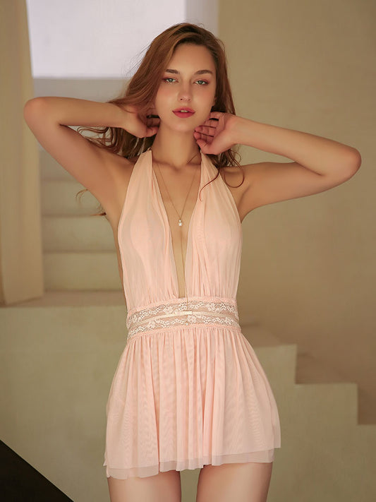 Sheer Mesh Deep V Backless Babydoll Nightdress and Panty Set | pink