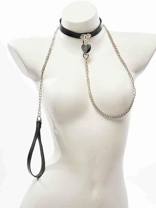Heart Pendant Choker Collar with Chain Leash