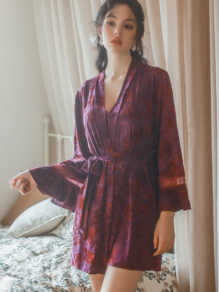 Purple Velvet Butterfly Nightdress and Robe Set | Purple Robe + Belt
