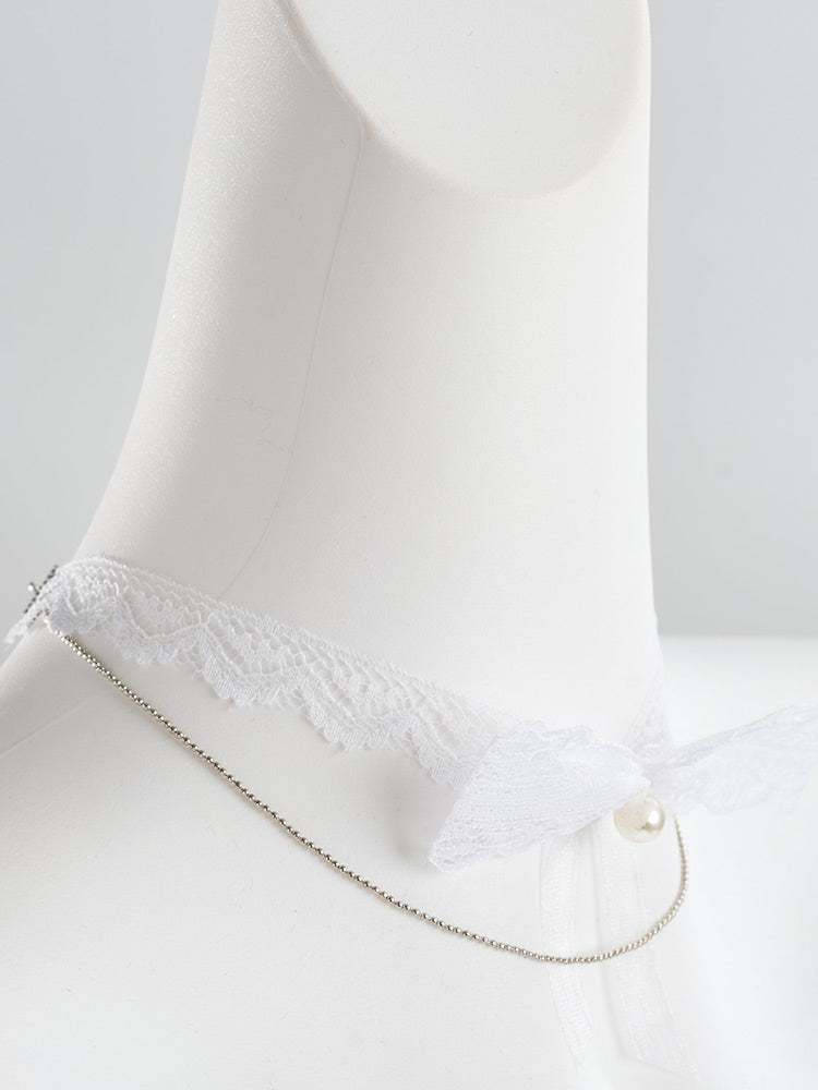 Lace Bow Pearl Chain Choker Necklace