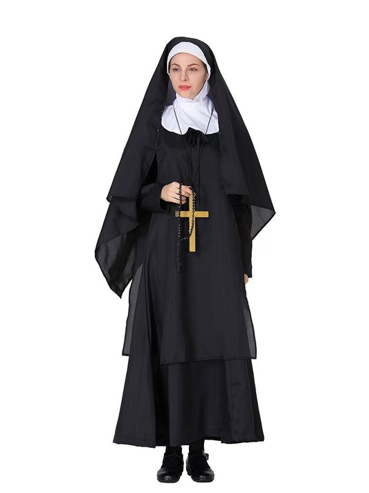 Black Nun Costume Dress and Cross Necklace Set