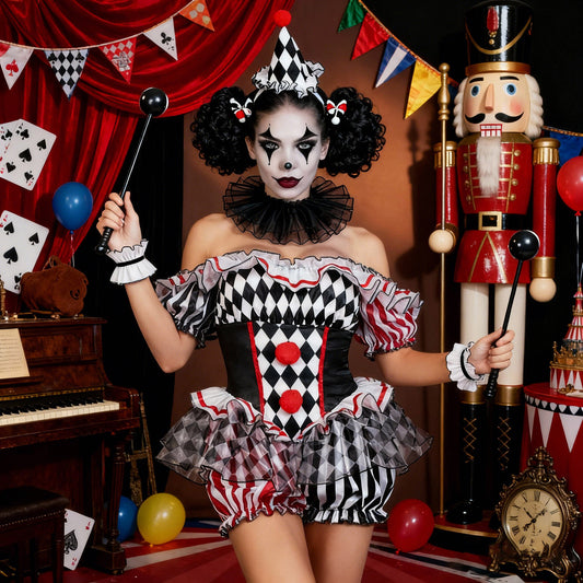 Harlequin Ruffle Romper Costume | Black, White and Red