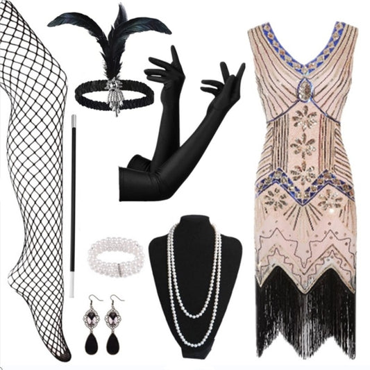 Beaded Flapper Dress and Accessories | Pink