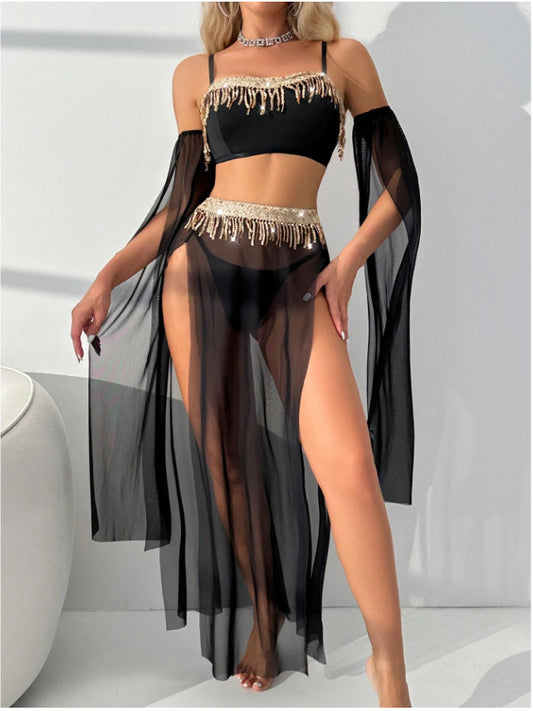 Rhinestone Fringe Mesh Lingerie Set | black