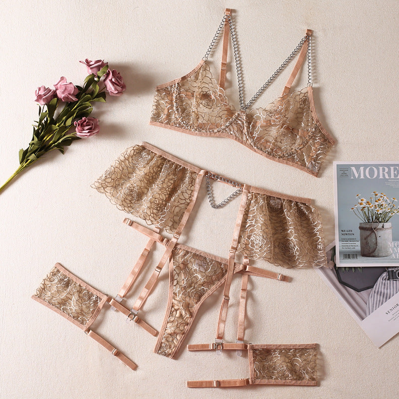 Chain Detail Lace Garter Lingerie Set | kahki