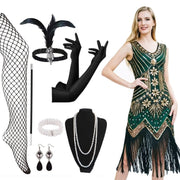 Beaded Flapper Dress and Accessories | Green and Gold