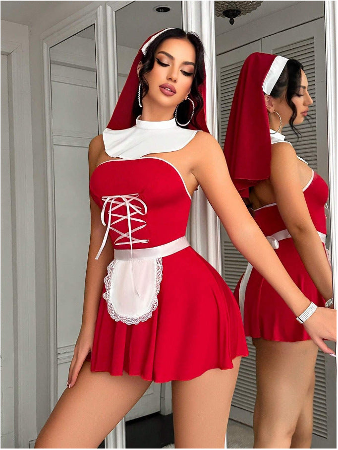 Lace-Up Maid Costume Dress | red