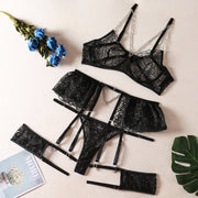 Chain Detail Lace Garter Lingerie Set | black