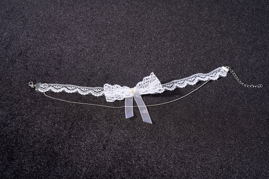 Lace Bow Pearl Chain Choker Necklace