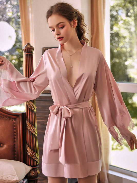 Lace Trim Satin Robe with Belt | Pink