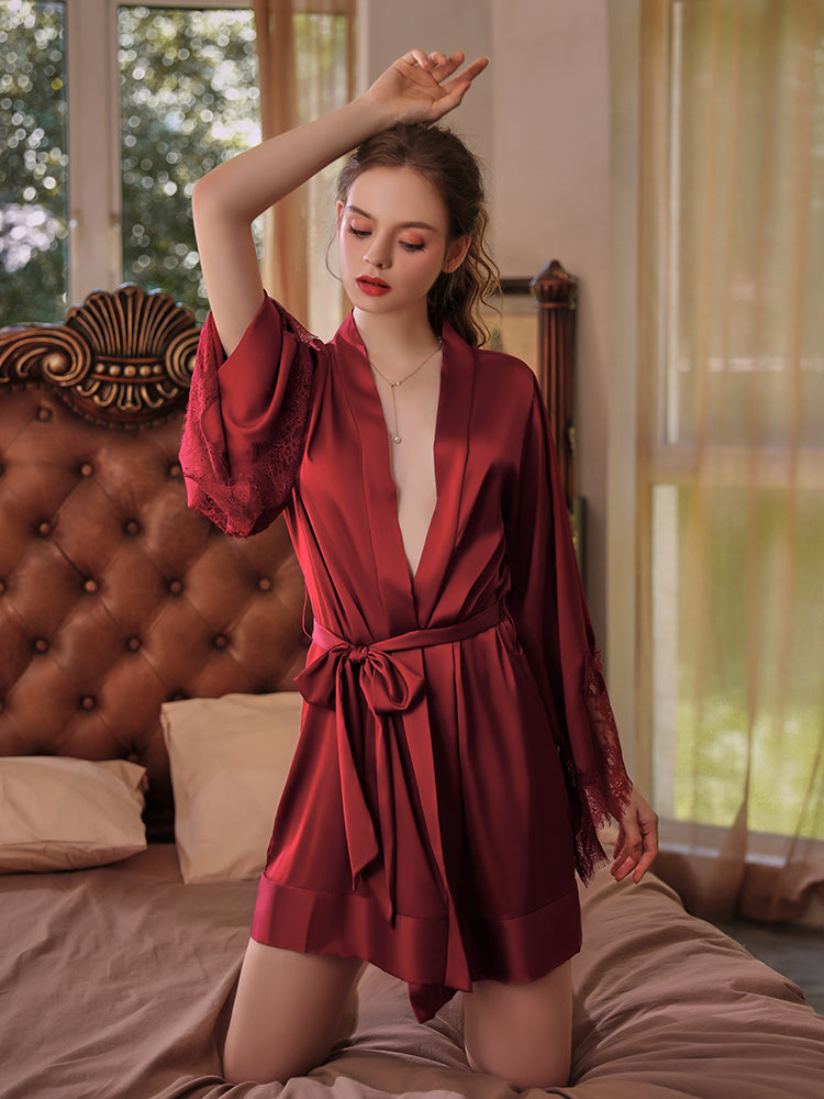 Lace Trim Satin Robe with Belt | Red