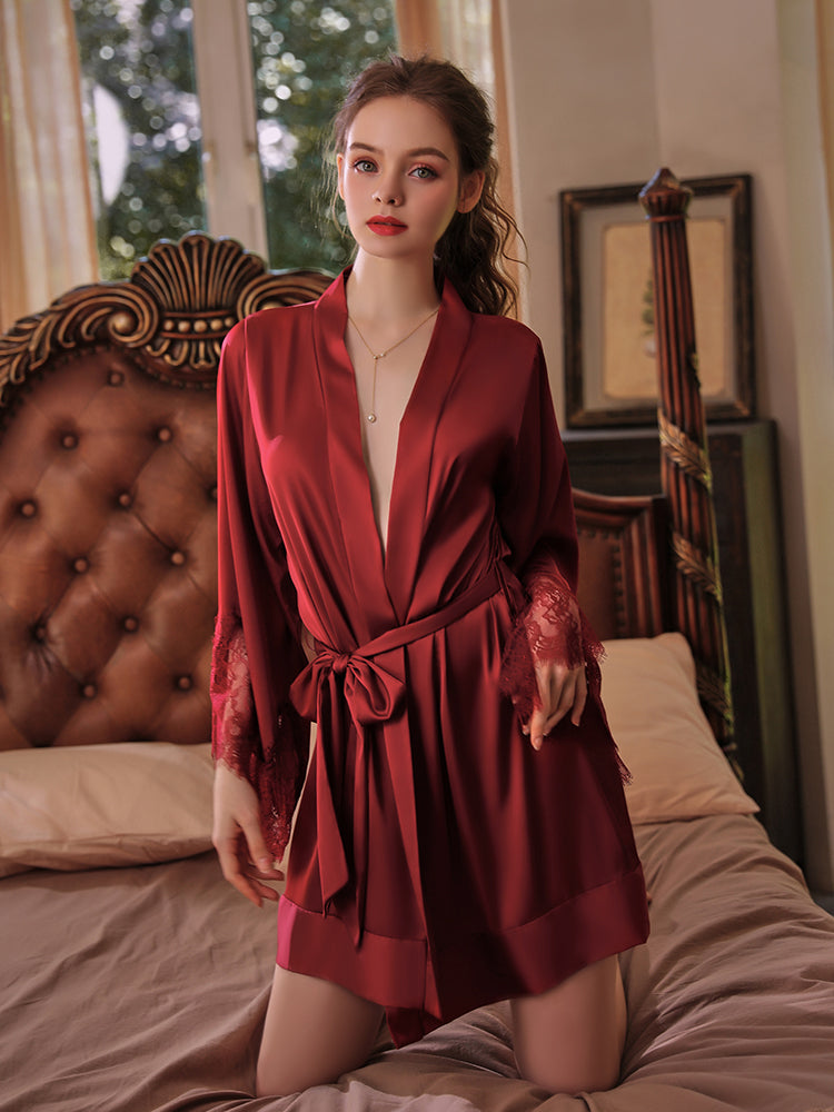 Lace Trim Satin Robe with Belt | Red