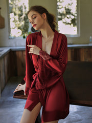 Lace Trim Satin Robe with Belt | Red