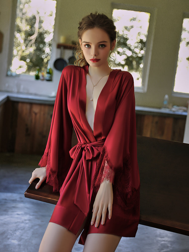 Lace Trim Satin Robe with Belt | Red