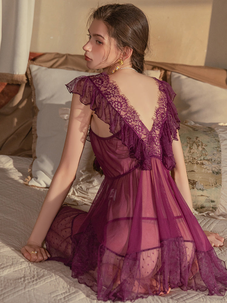 Sheer Lace Bow Nightdress | Plum