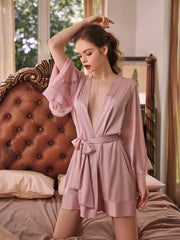 Lace Trim Satin Robe with Belt | Pink