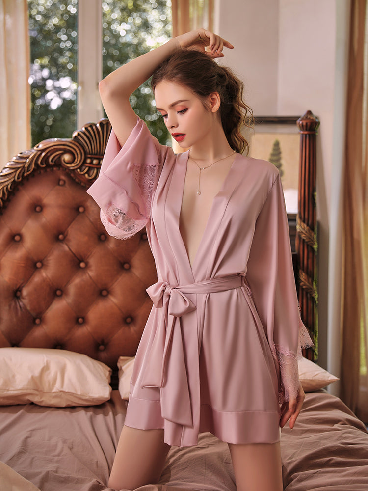 Lace Trim Satin Robe with Belt | Pink