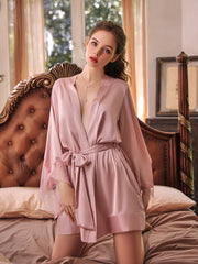Lace Trim Satin Robe with Belt | Pink