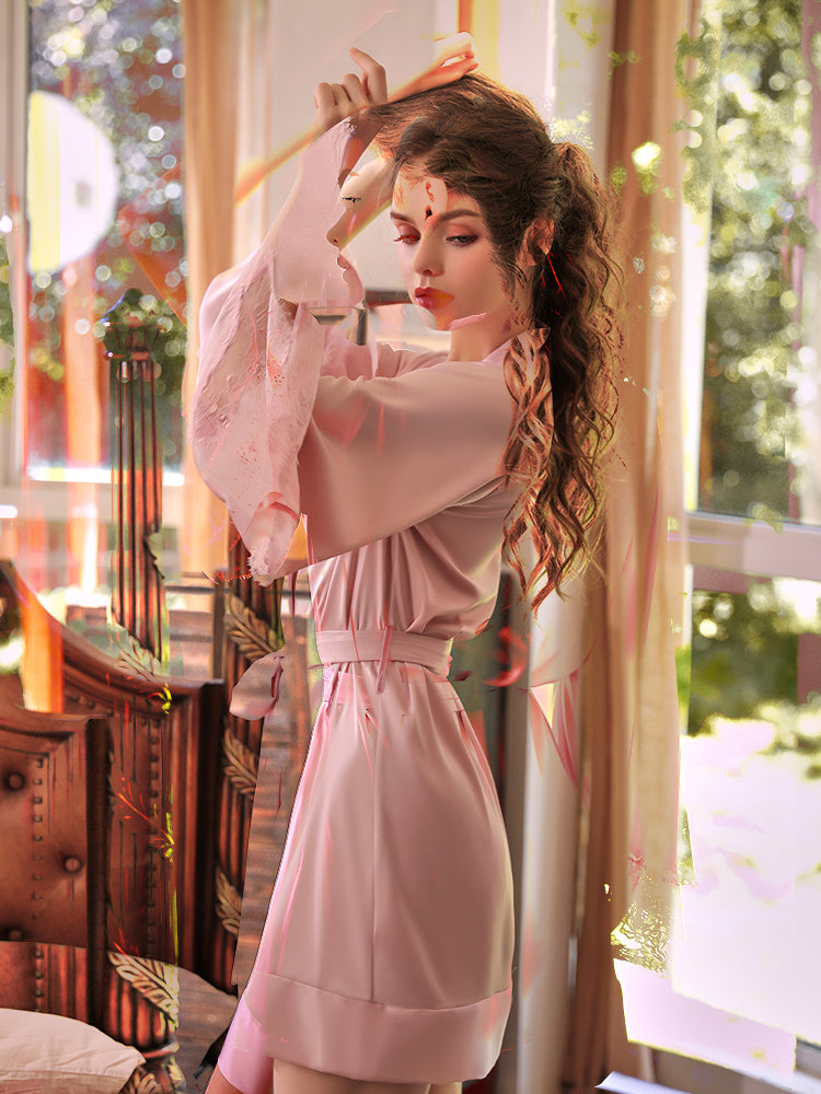Lace Trim Satin Robe with Belt | Pink