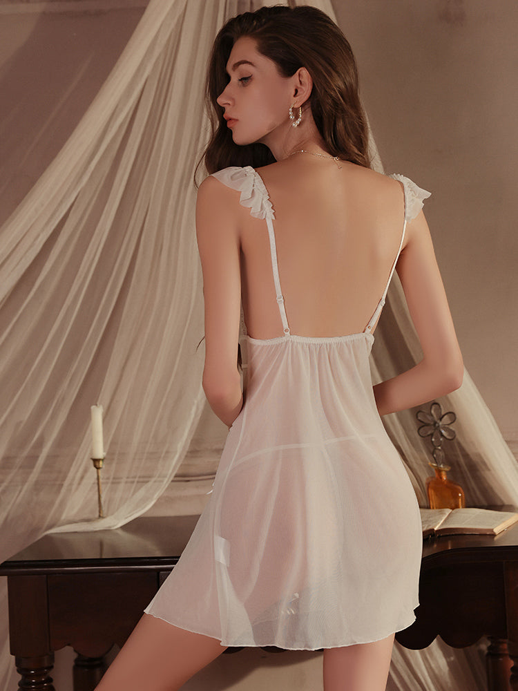 Sheer Lace Butterfly Nightdress and T-Back Panty Set | White