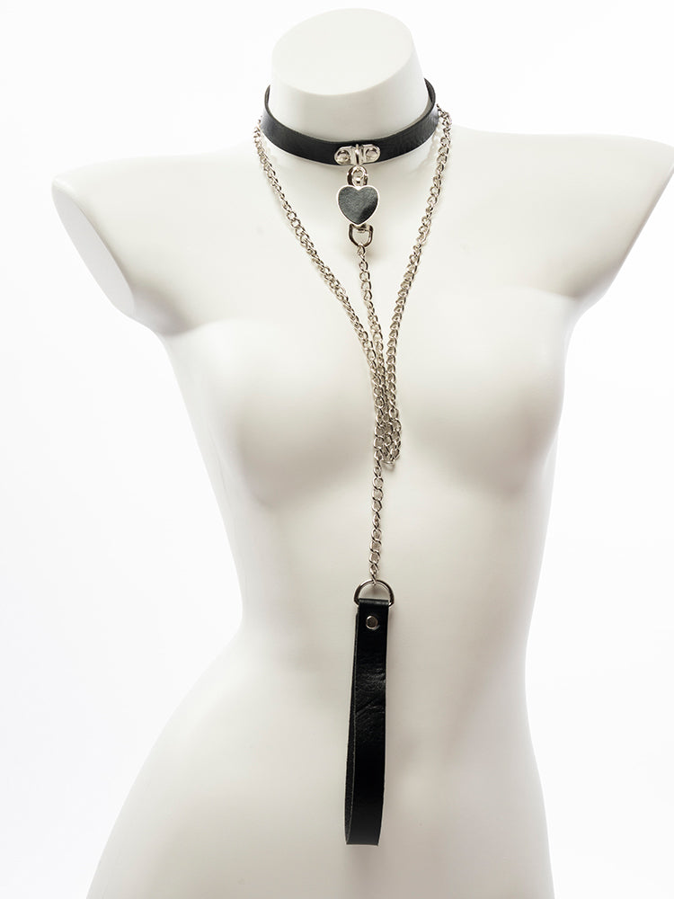 Heart Pendant Choker Collar with Chain Leash