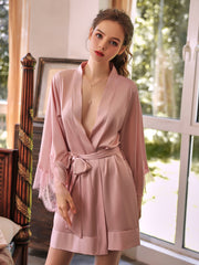 Lace Trim Satin Robe with Belt | Pink