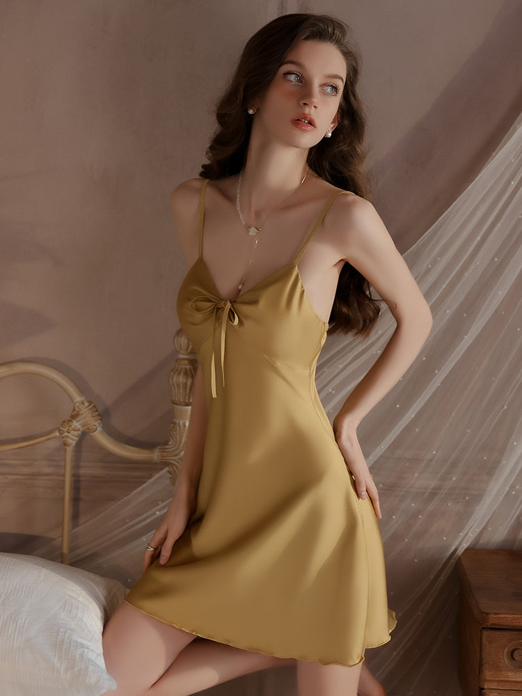 Padded Bow Satin Sleepdress | Yellow
