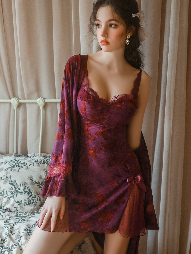 Purple Velvet Butterfly Nightdress and Robe Set | Purple Robe + Belt