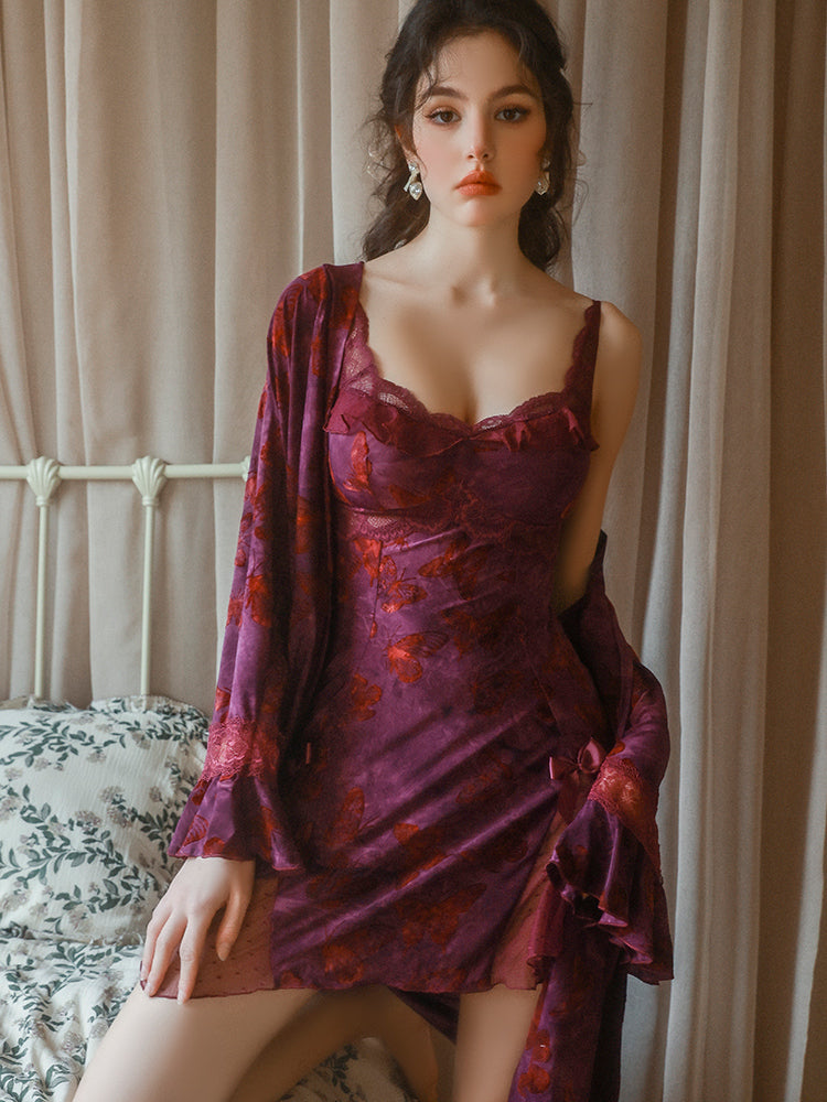 Purple Velvet Butterfly Nightdress and Robe Set | Purple Robe + Belt