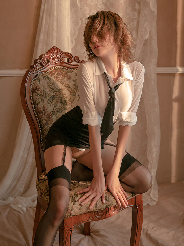 Sheer Deep V Secretary Shirt and Mini Skirt Costume Set