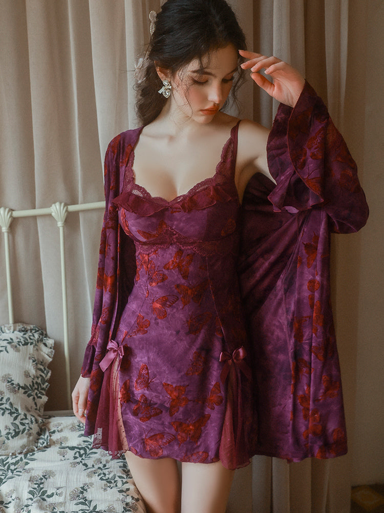Purple Velvet Butterfly Nightdress and Robe Set | Purple Robe + Belt