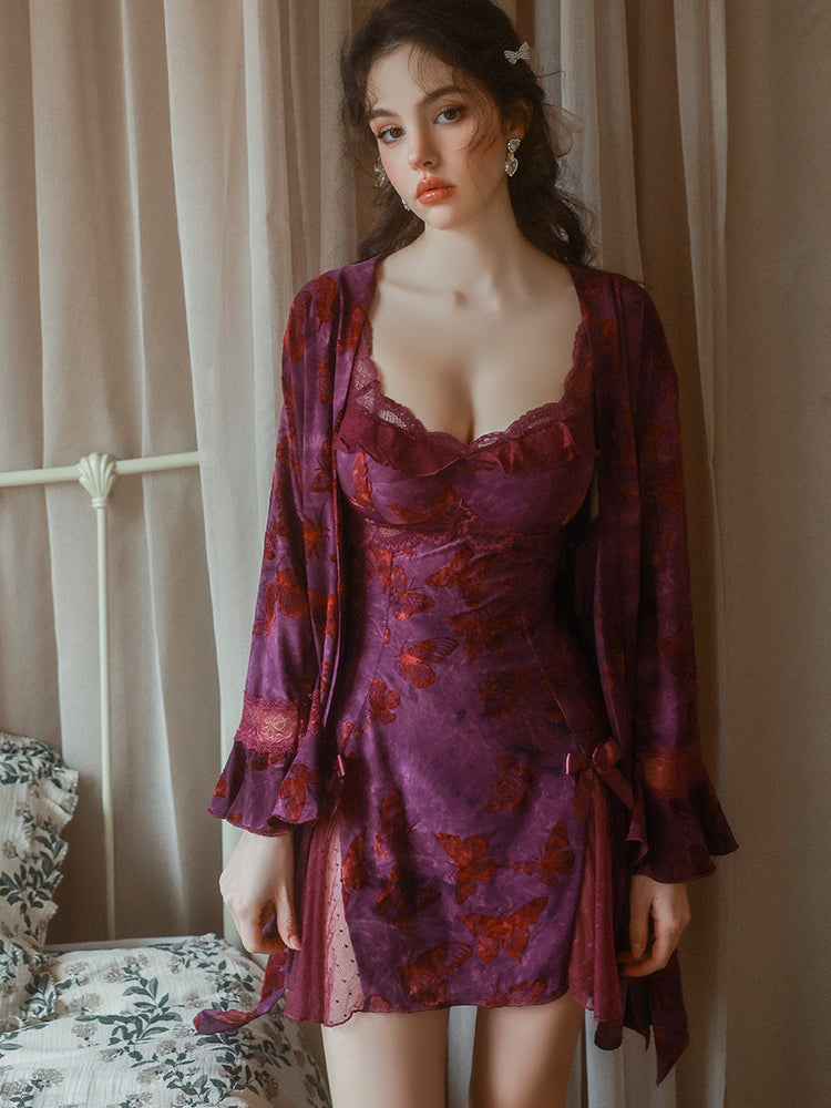 Purple Velvet Butterfly Nightdress and Robe Set | Purple Robe + Belt
