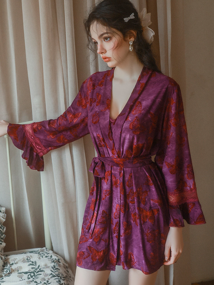 Purple Velvet Butterfly Nightdress and Robe Set | Purple Robe + Belt