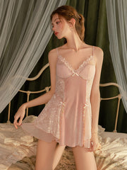 Velvet Mesh Lace Padded Sleepdress | Light Pink