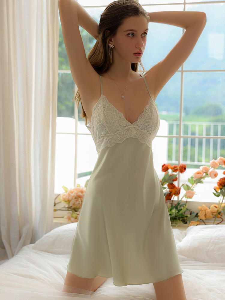 Padded Satin Lace Open-Back Nightdress | Apple Green