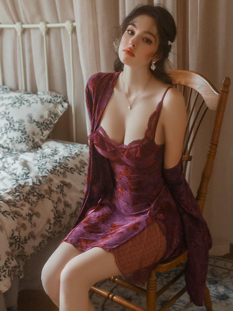 Purple Velvet Butterfly Nightdress and Robe Set | Purple Robe + Belt