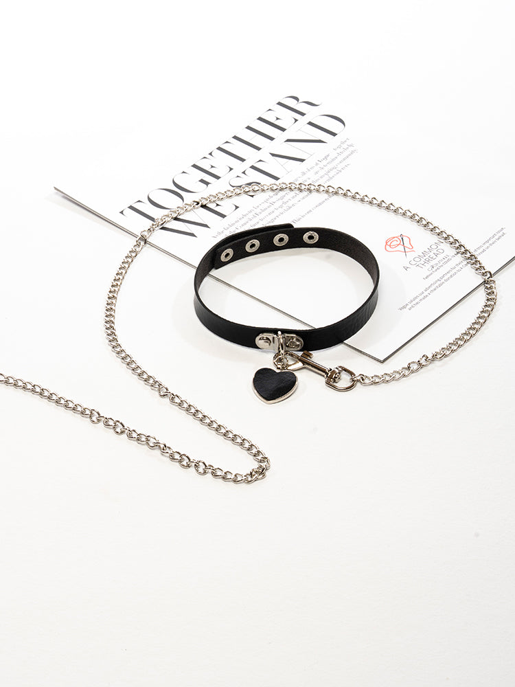 Heart Pendant Choker Collar with Chain Leash