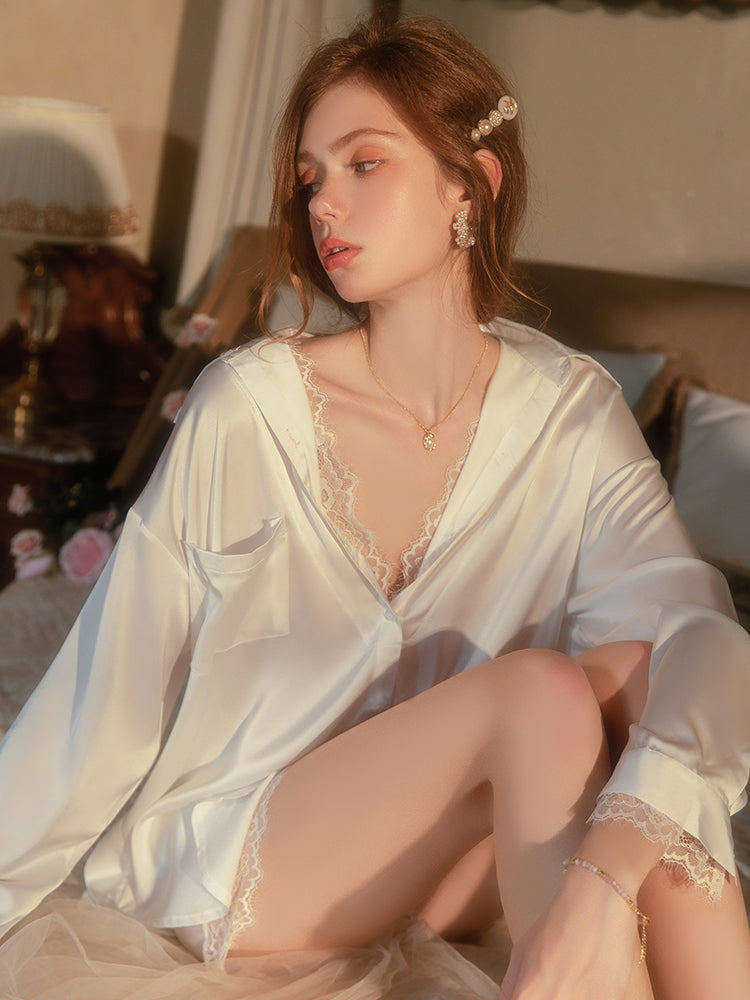 Sheer Satin Shirt and Shorts Lingerie | White