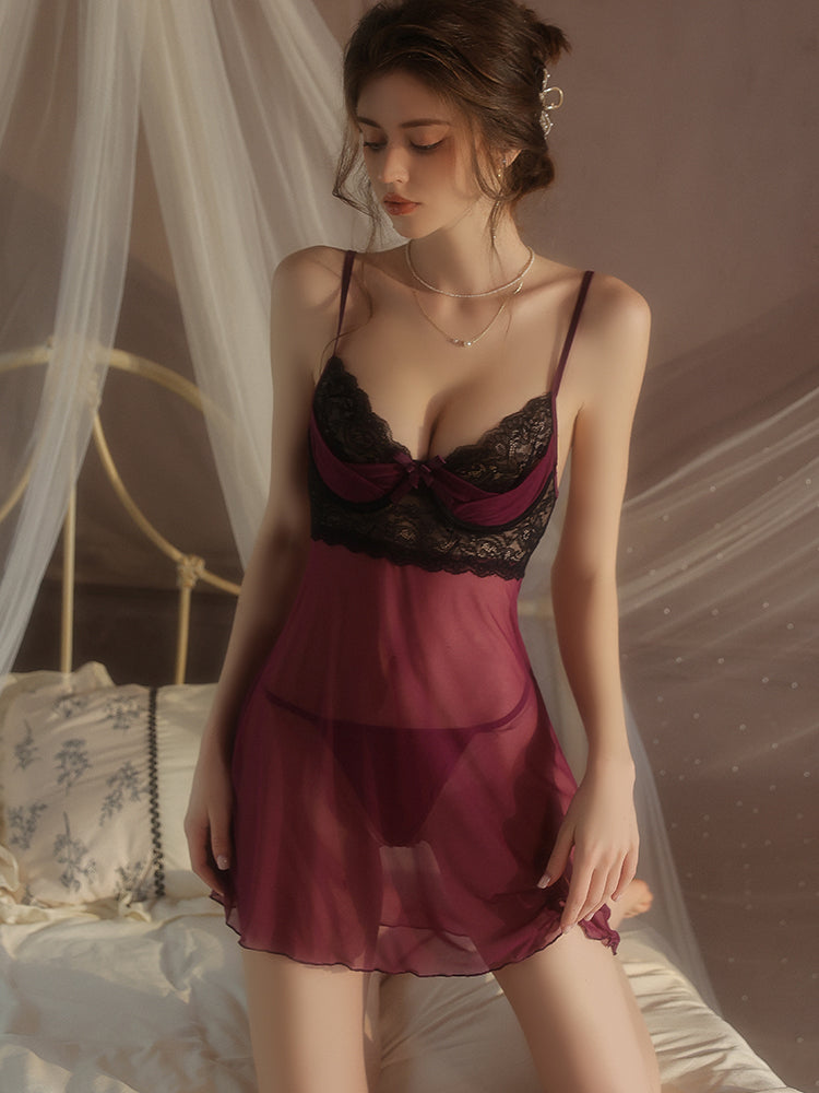 Sheer Mesh Lace Nightdress Set | Plum Purple
