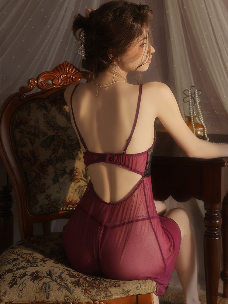 Sheer Mesh Lace Nightdress Set | Plum Purple