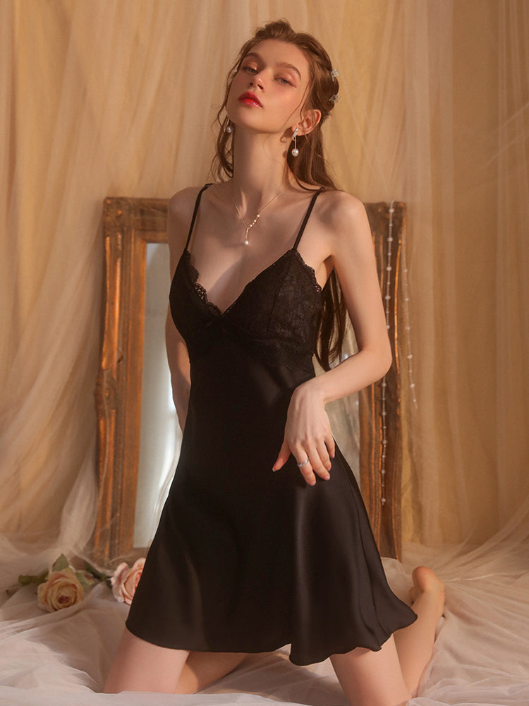 Padded Satin Lace Open-Back Nightdress | Black