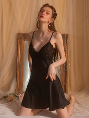 Padded Satin Lace Open-Back Nightdress | Black