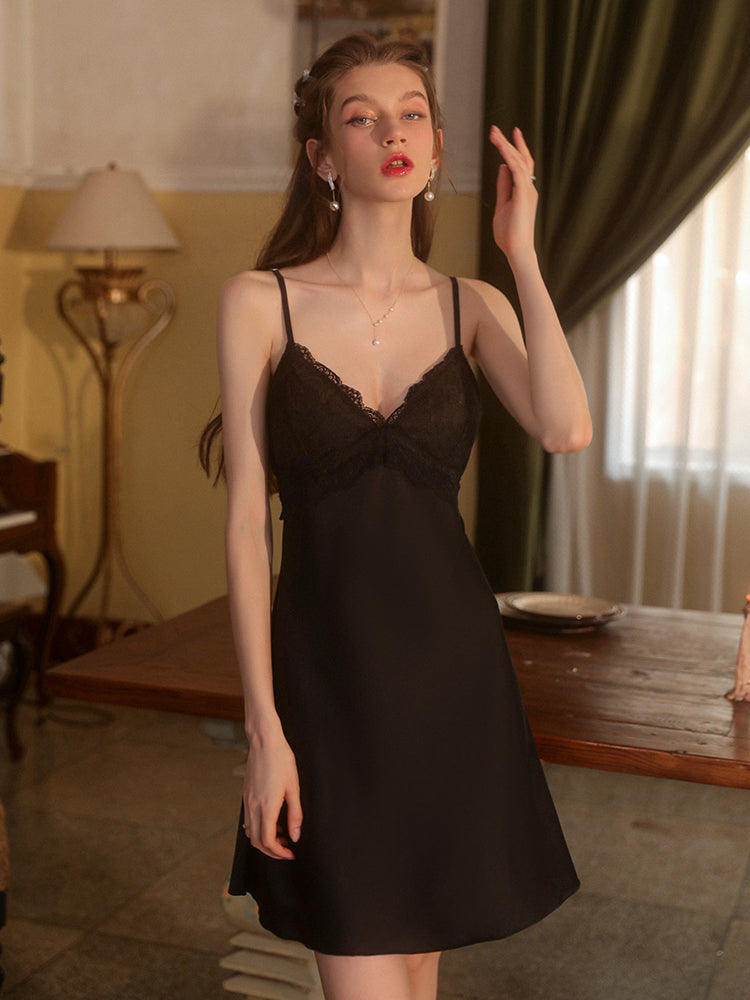Padded Satin Lace Open-Back Nightdress | Black