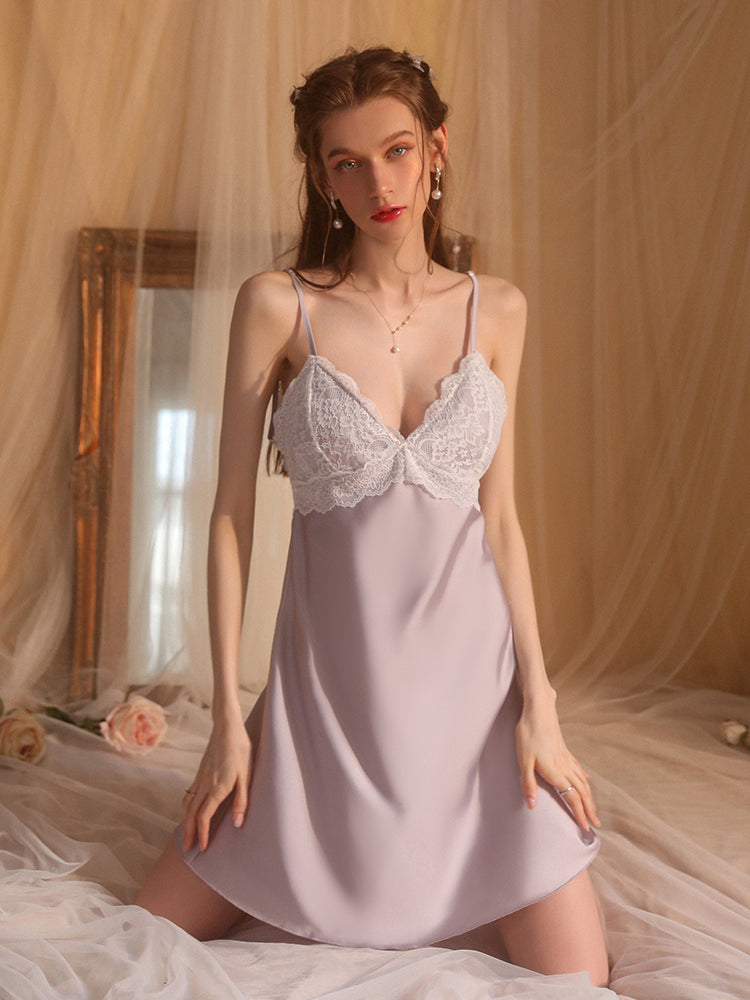 Padded Satin Lace Open-Back Nightdress | Lavender