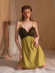 Padded Satin Lace Open-Back Nightdress | Grass Green