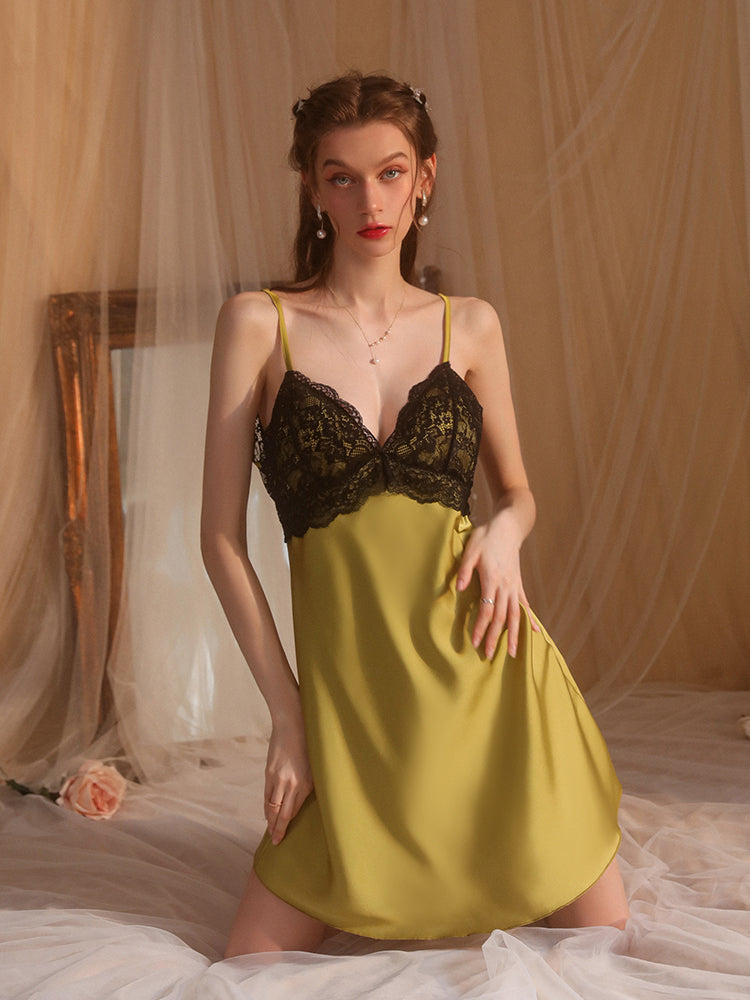 Padded Satin Lace Open-Back Nightdress | Grass Green