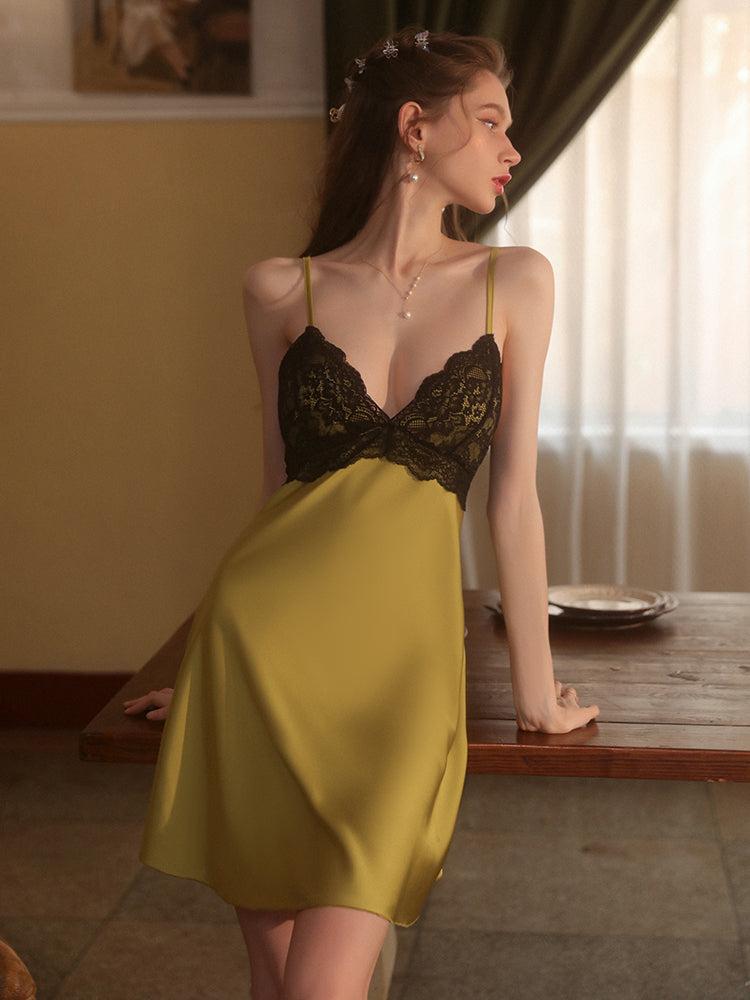 Padded Satin Lace Open-Back Nightdress | Grass Green