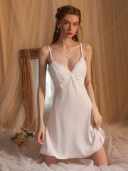 Padded Satin Lace Open-Back Nightdress | White