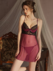Sheer Mesh Lace Nightdress Set | plum purple