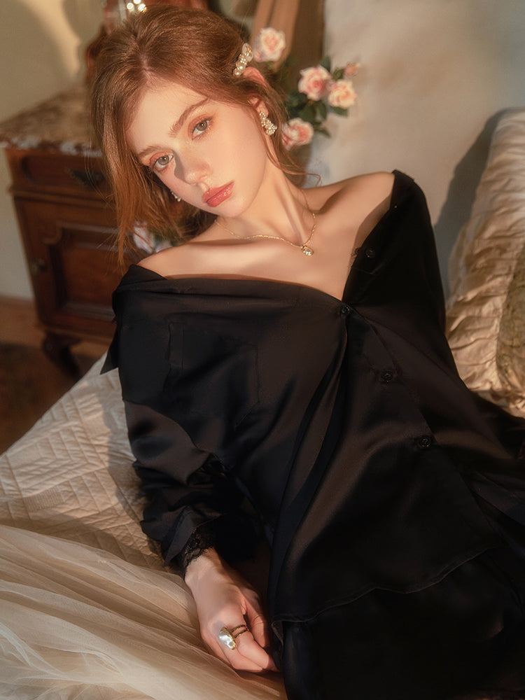 Sheer Satin Shirt and Shorts Lingerie | Black